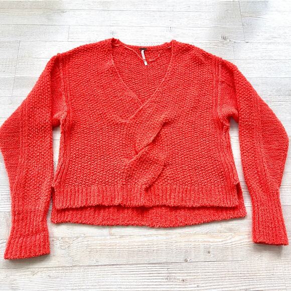 Free People Coco Cotton V-Neck Braided Sweater | Orange‎ XS - Picture 1 of 6